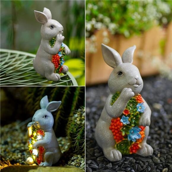 Solar Garden Outdoor Statues Bunny with Succulent and 7 LED Lights–Outdoor Decor - Picture 3 of 6